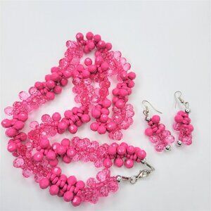 PINK and Glassy Pink Faceted Bead Cluster Necklace and Earrings Set